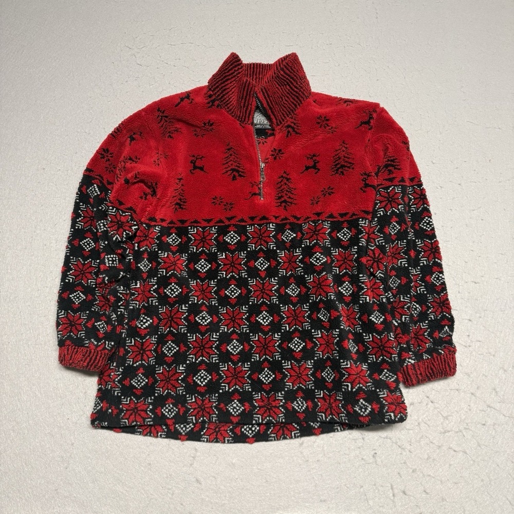 Vintage 90s Tsunami Red Black Pile Fleece Fair Isle Christmas Tree 1/4 Zip SMALL